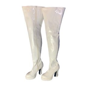 Ellie Thigh High White Zip Up Boots
